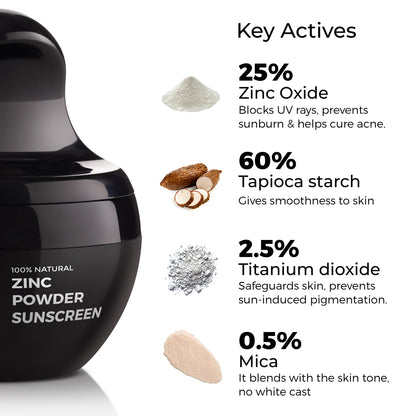 Brillare Ivory Zinc Powder Sunscreen key actives mentioned in the image which include: Zinc Oxide, Tapioca Starch, Titanium dioxide, Mica