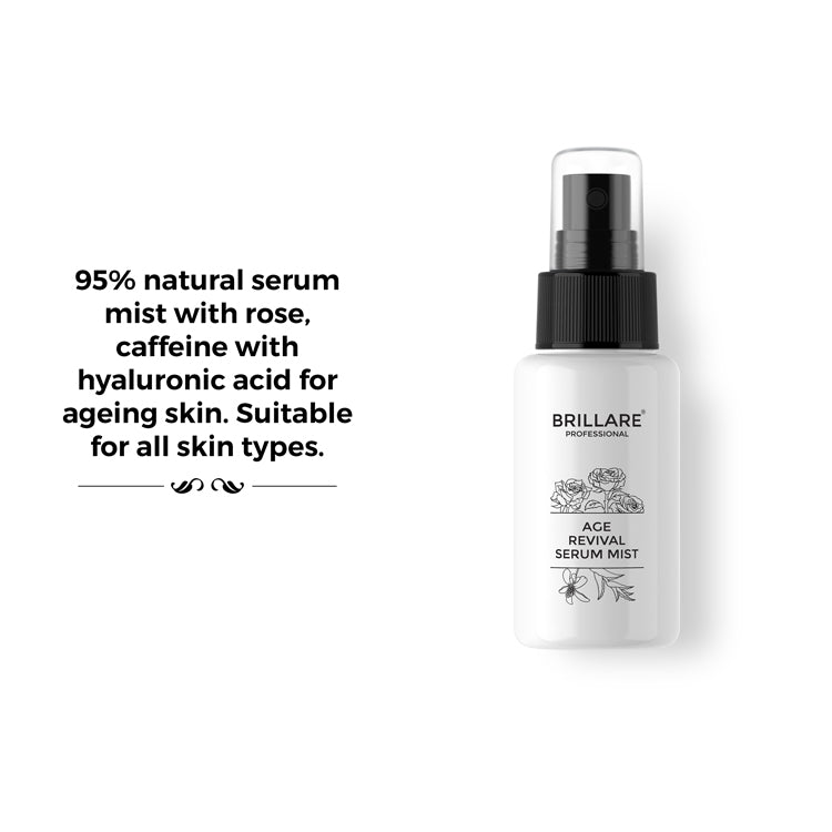 Brillare Professional Age Revival Serum Mist with the side text include: 95% natural serum mist with rose, caffeine with hyaluronic acid for ageing skin. suitable for all skin types.