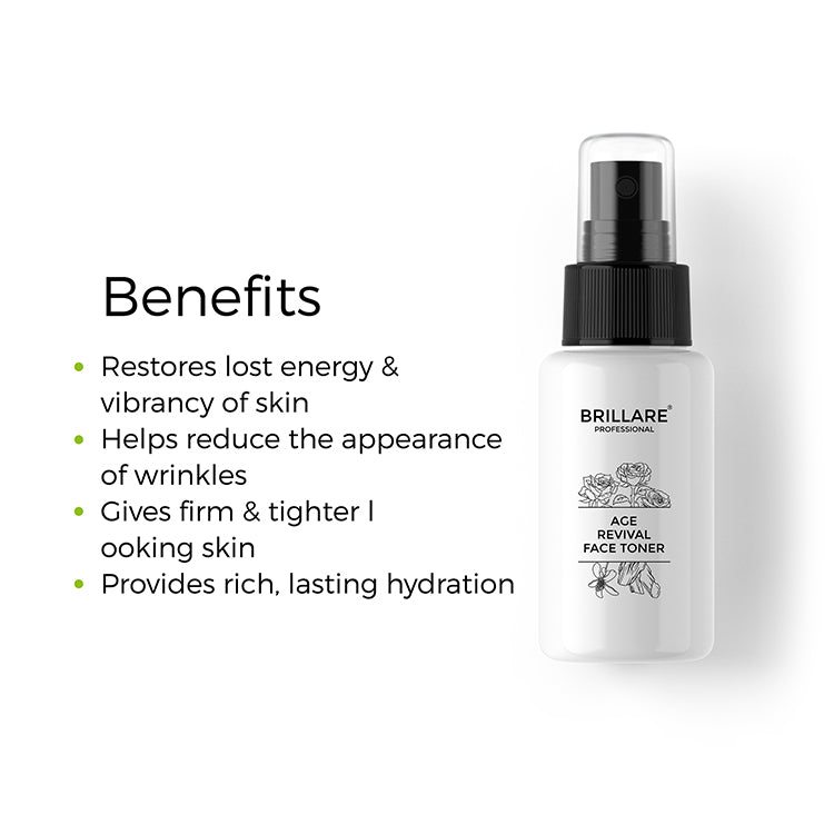 Brillare Professional Age Revival Face Toner with the side text benefits include: restores lost energy &amp; vibrancy of skin, helps reduce the appearance of wrinkles, gives firm &amp; tighter looking skin, provides rich, lasting hydration.