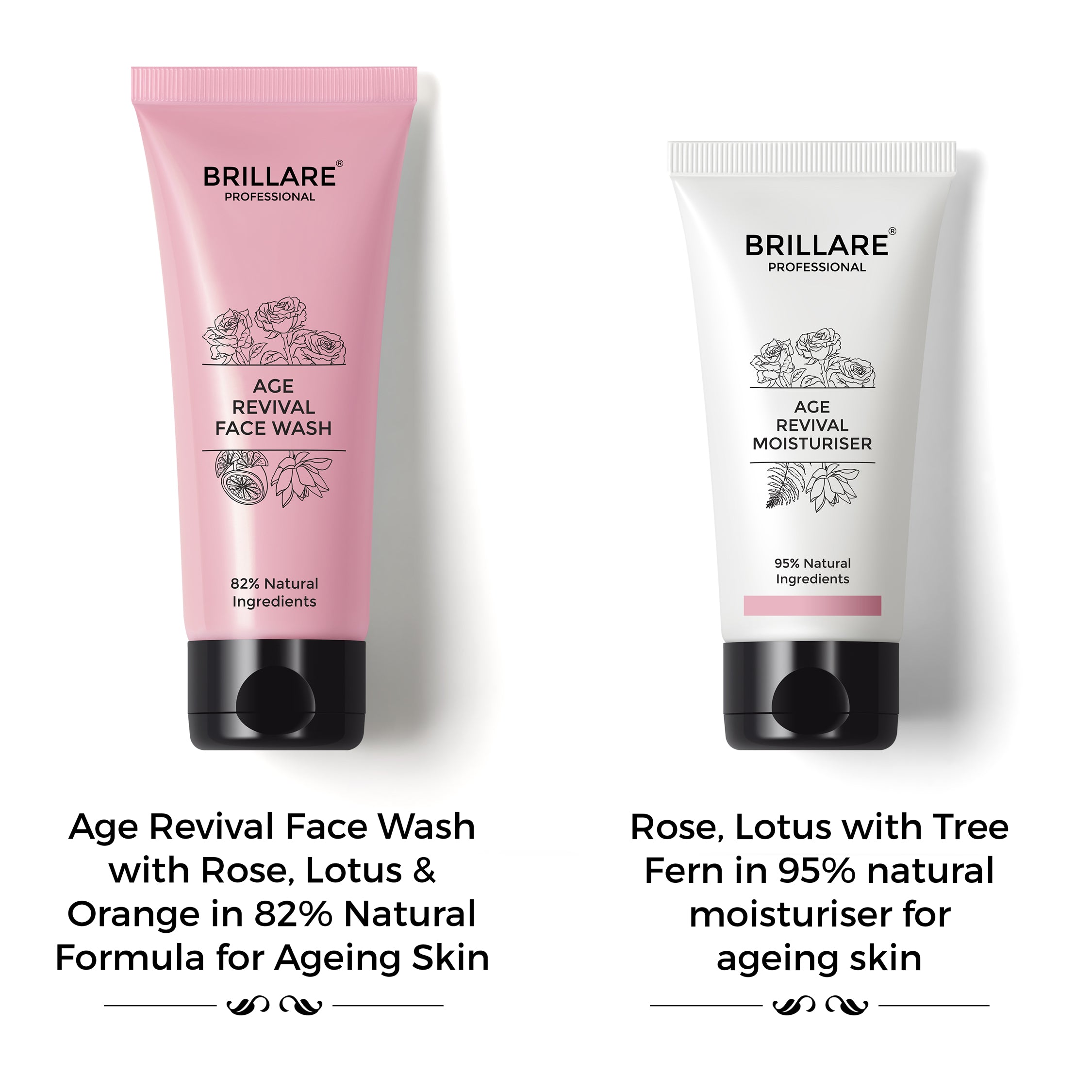 Brillare Professional Age Revival Face Wash &amp; Moisturiser with side text include their nature score and key ingredient names.