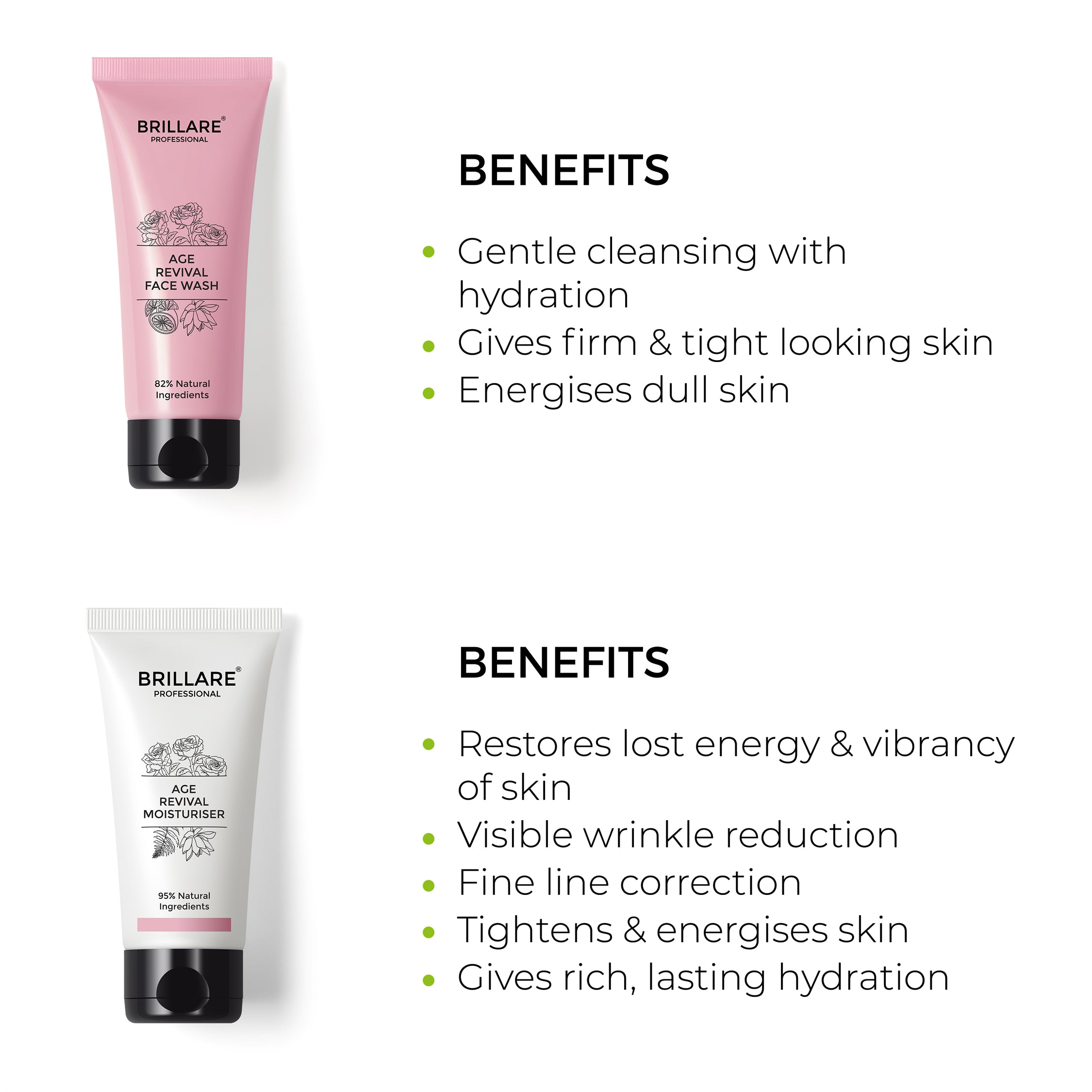 Brillare Professional Age Revival Face Wash with &amp; tight looking skin, energises dull skin. Brillare Professional Age Revival Moisturiser with side text include benefits: restores lost energy &amp; vibrancy of skin, visible wrinkle reduction, fine line correction, tightens &amp; energises skin, gives rich, lasting hydration.