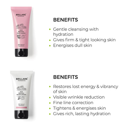 Brillare Professional Age Revival Face Wash with &amp; tight looking skin, energises dull skin. Brillare Professional Age Revival Moisturiser with side text include benefits: restores lost energy &amp; vibrancy of skin, visible wrinkle reduction, fine line correction, tightens &amp; energises skin, gives rich, lasting hydration.