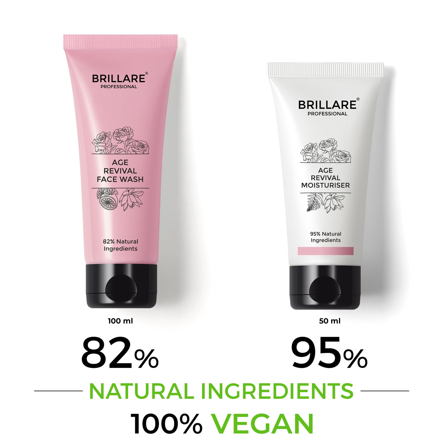 Brillare Professional Age Revival Face Wash &amp; Moisturiser with side text include their nature score and 100% vegan