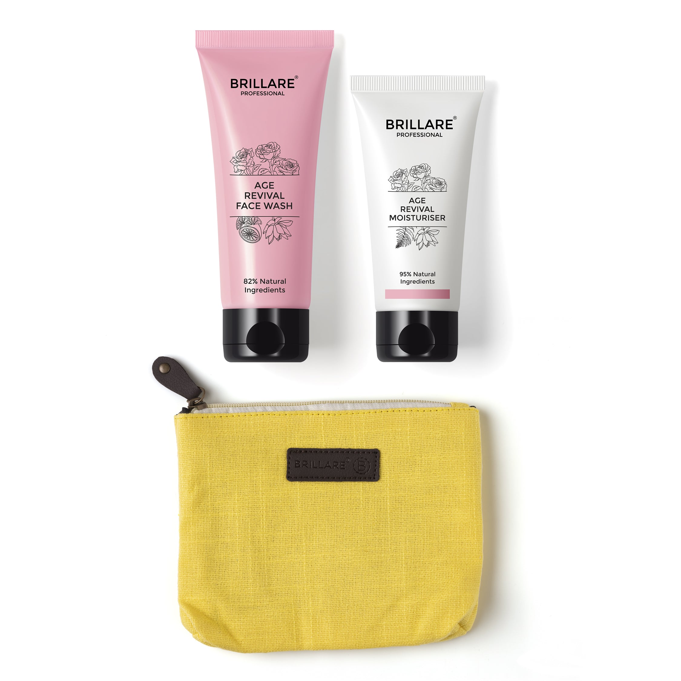 front view of Brillare Professional Age Revival Face Wash, Moisturiser and Yellow Pouch against white background. 