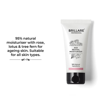 Brillare Professional Age Revival Moisturiser with the side text include: 95% natural moisturiser with rose, lotus &amp; tree fern for ageing skin. suitable for all skin types. 