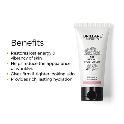 Brillare Professional Age Revival Moisturiser with the side text include benefits: restores lost energy &amp; vibrancy of skin, helps reduce the appearance of wrinkles, gives firm &amp; tighter looking skin, provides rich, lasting hydration.