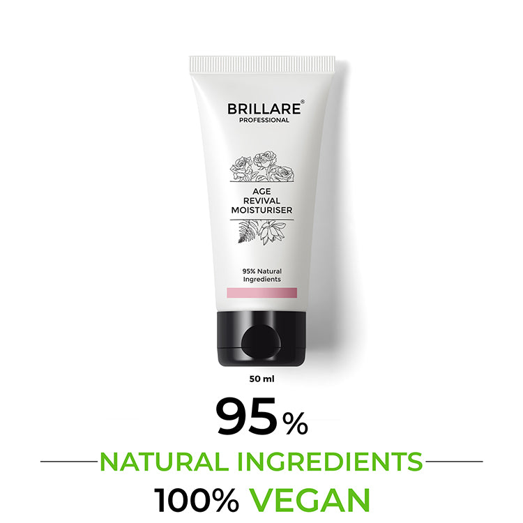 Brillare Professional Age Revival Moisturiser with the text include: 95% natural ingredients, 100% vegan &amp; 50ml.