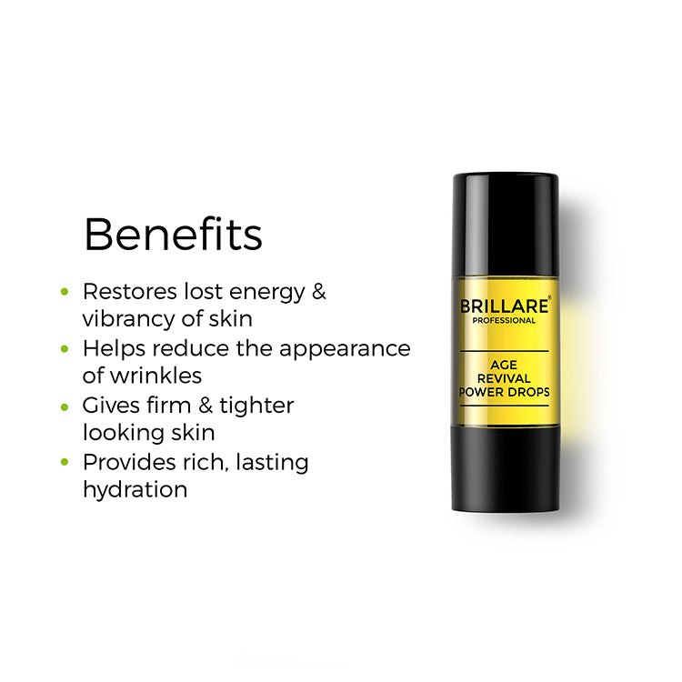 Brillare Professional Oil Away Power Drops with the side text include benefits: restores lost energy &amp; vibrancy of skin, helps reduce the appearance of wrinkles, gives firm &amp; tighter looking skin, provides rich, lasting hydration. 