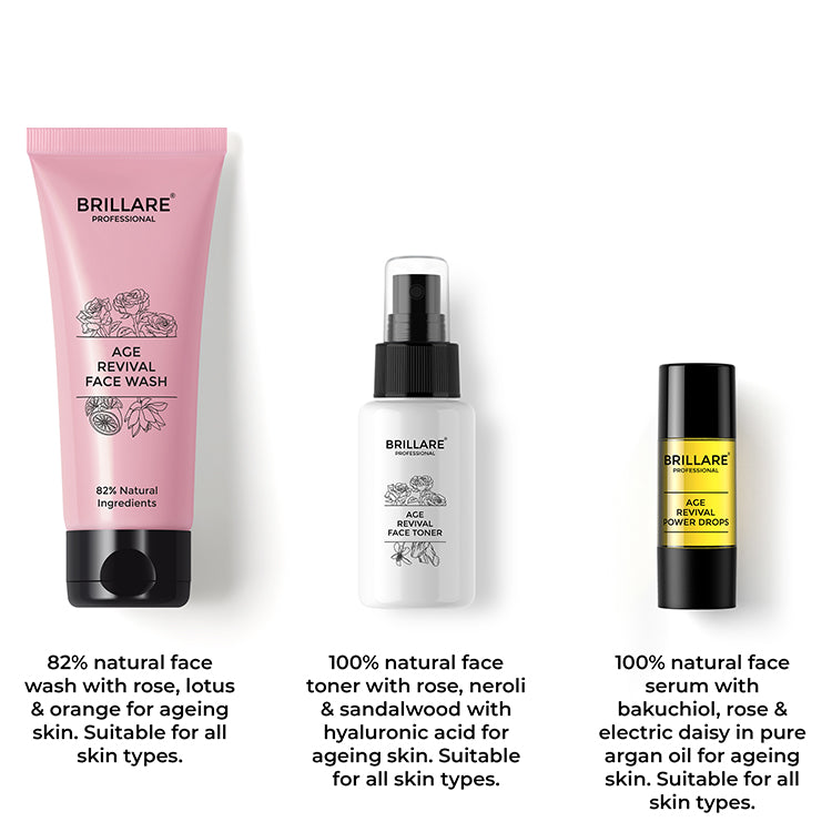 Brillare Professional Age Revival Face Wash, Face Toner and Power Drops with side text include their nature score and key ingredient names.