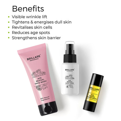 Brillare Professional Age Revival Face Wash, Face Toner and Power Drops with side text include benefits: visible wrinkle lift, tightens &amp; energises dull skin, revitalises skin cells, reduces age spots, strengthens skin barrier.