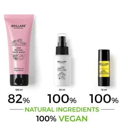 Brillare Professional Age Revival Face Wash, Face Toner and Power Drops with side text include their nature score and 100% vegan.