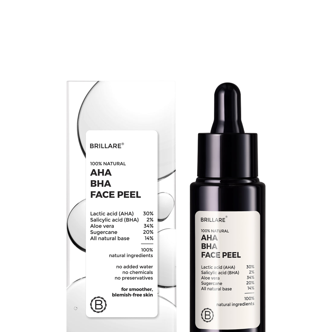 front view of Brillare AHA BHA Face Peel with its outer box, ingredients mentioned on the product label.