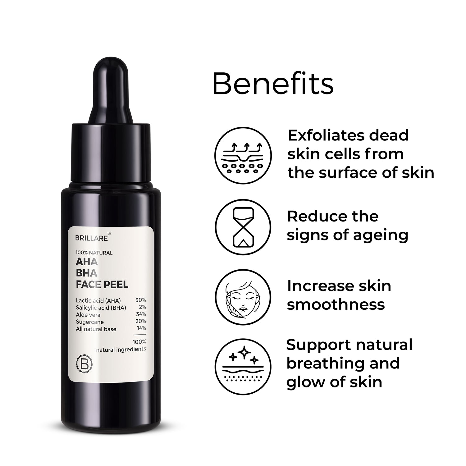 Brillare AHA BHA Face Peel with the side text include benefits: exfoliates dead skin cells from the surface of skin, reduces he signs of ageing, increases skin smoothness, support natural breathing and glow of skin.