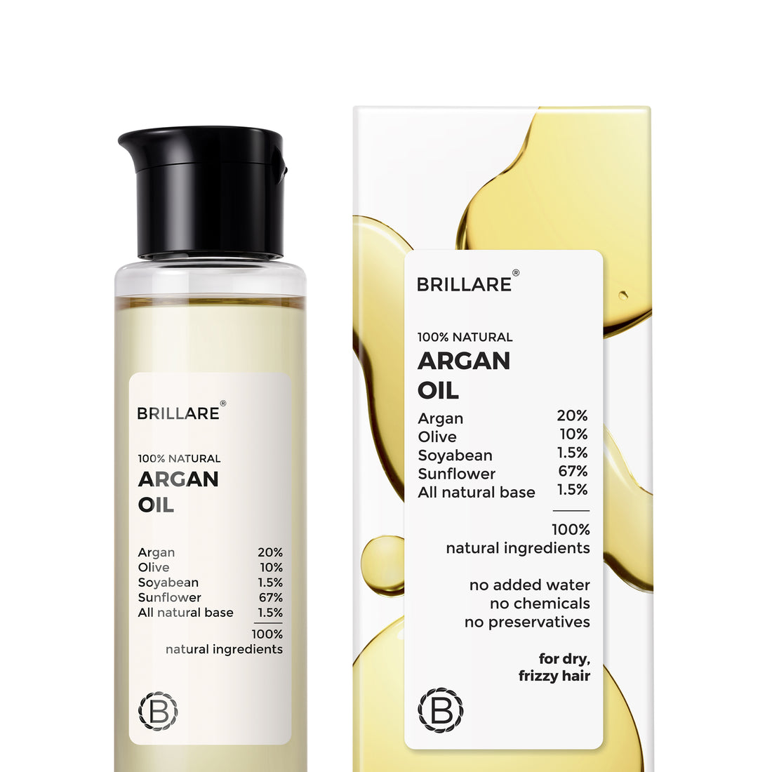 front view of Brillare Argan Oil against white background. ingredients mentioned on the product label.