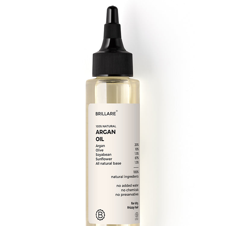 front view of Brillare Argan Oil against white background. ingredients mentioned on the product label.