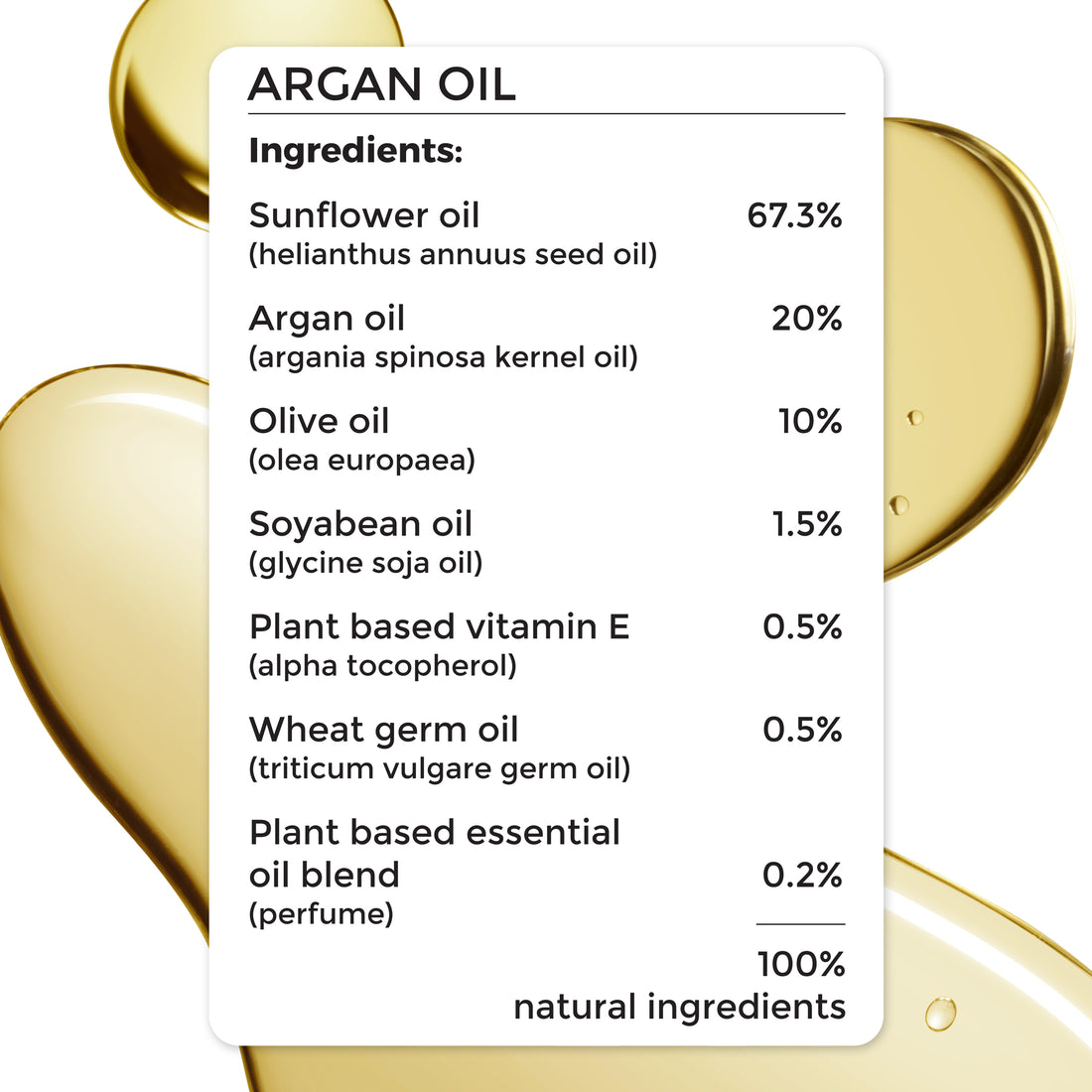 complete ingredient list of Brillare Argan Oil, 100% natural ingredients.