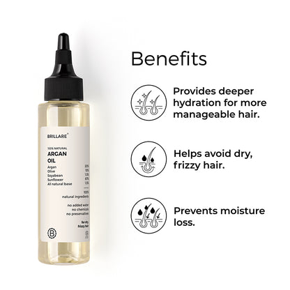 Brillare Argan Oil with side text include benefits: provides deeper hydration for more manageable hair, helps avoid dry, frizzy hair, prevents moisture loss.