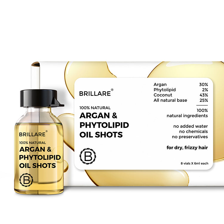 front view of Brillare Argan &amp; Phytolipid Oil shots and its outer box, ingredients mentioned on the product label.