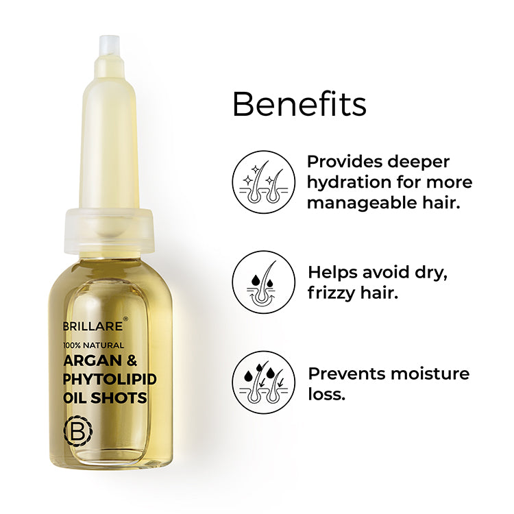 Brillare Argan &amp; Phytolipid oil shots with side text include benefits: provides deeper hydration for more manageable hair, helps avoid dry frizzy hair, prevents moisture loss. 