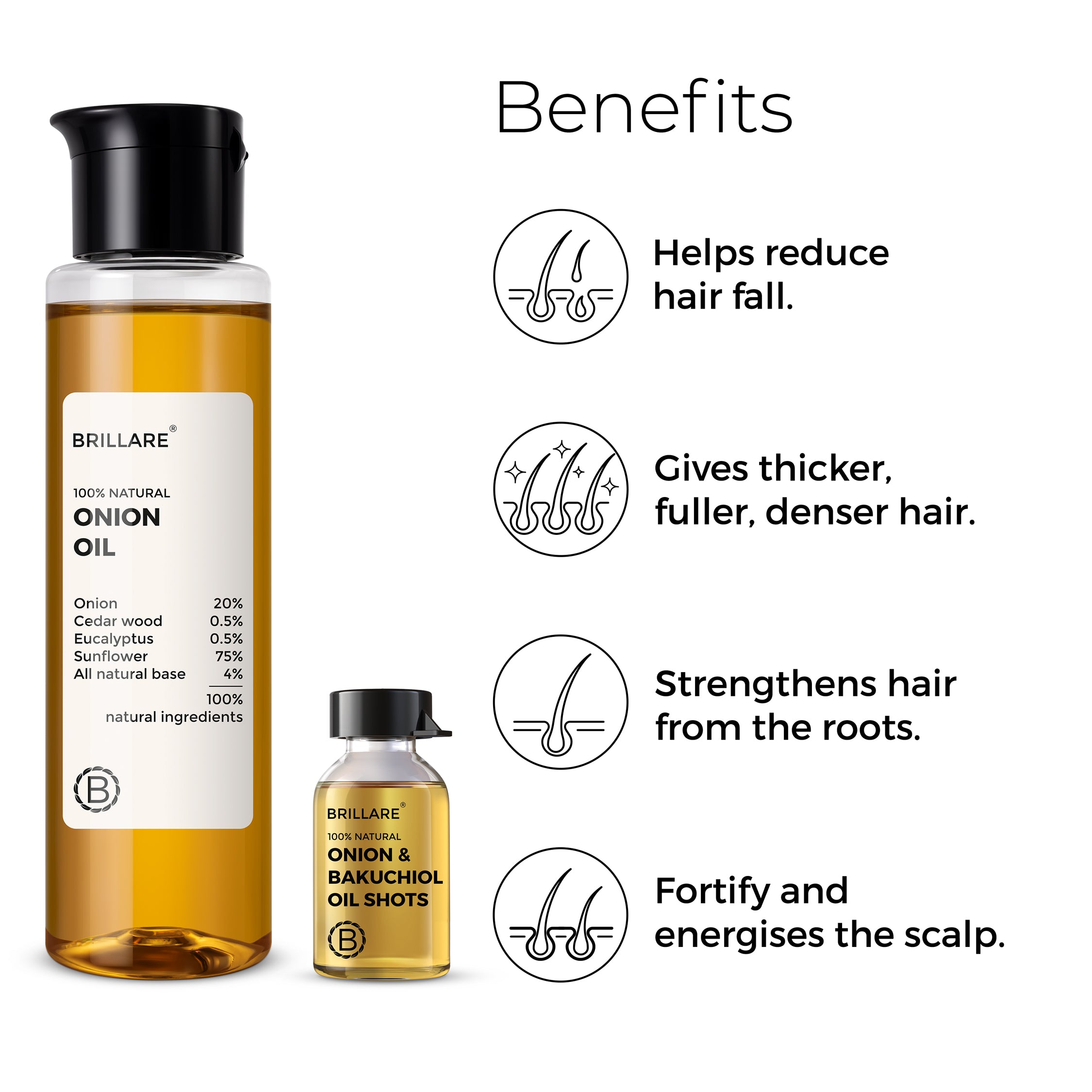 Brillare Onion Oil and Brillare Onion &amp; Bakuchiol Oil Shots with side text include benefits: helps reduce hair fall, gives thicker, fuller, denser hair, strengthens hair from the roots, fortify and energises the scalp.