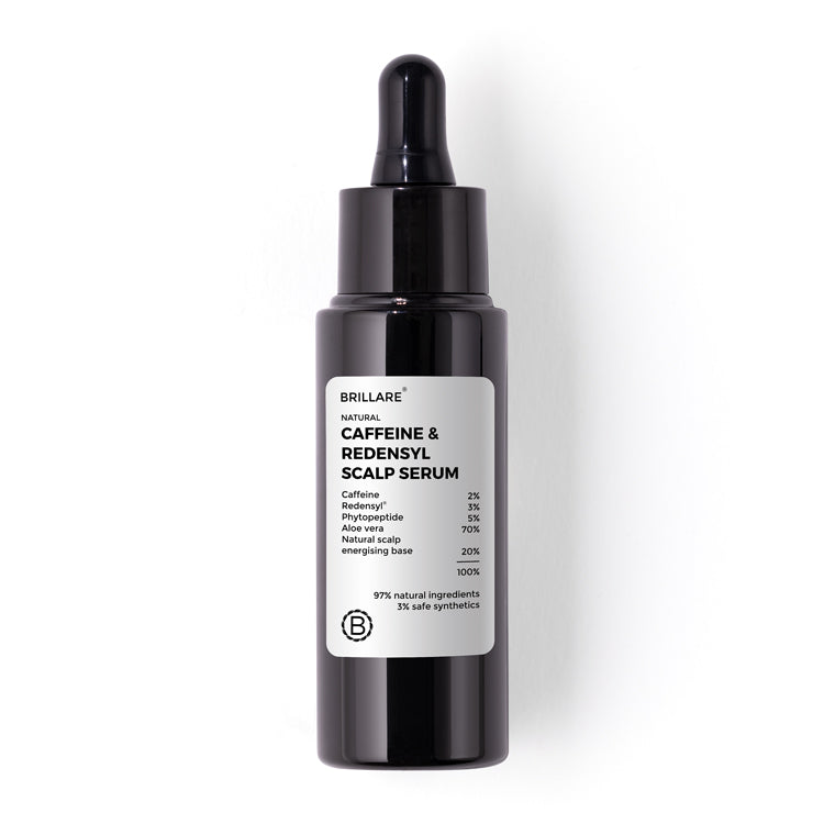 front image of Brillare Caffeine &amp; Redensyl Scalp Serum. Ingredients mentioned on the label.