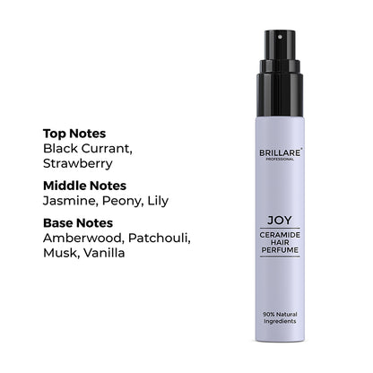 Brillare Professional Ceramide Hair Perfume Joy with the side text include: top notes black currant, strawberry, middle notes jasmine, peony, lily, base notes amberwood, patchouli, musk, vanilla