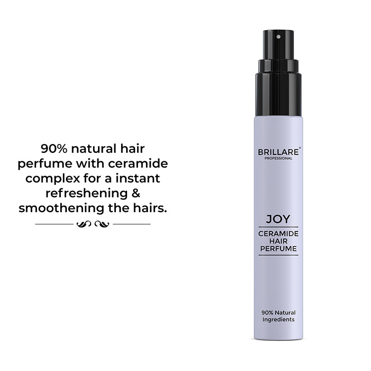 Brillare Professional Ceramide Hair Perfume Joy with the side text include: 90% natural hair perfume with ceramide complex for a instant refreshening &amp; smoothening the hairs.