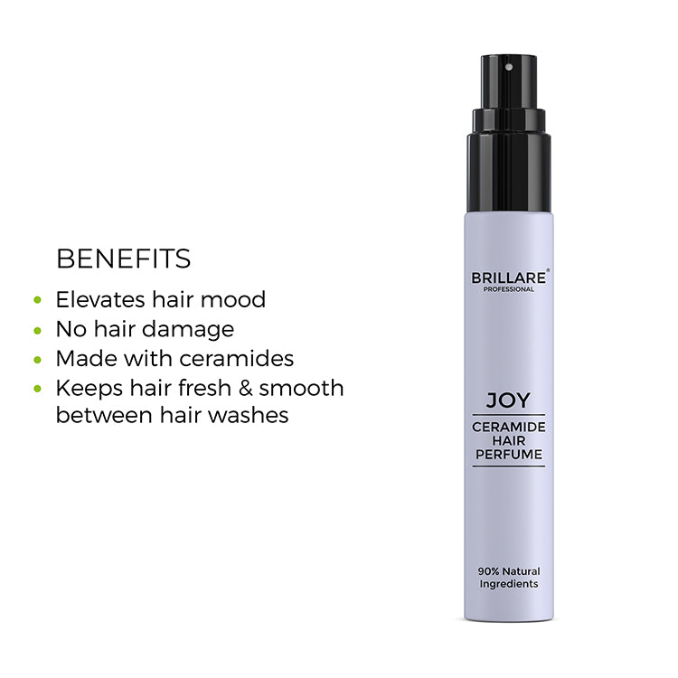 Brillare Professional Ceramide Hair Perfume Joy with the side text include benefits: elevates hair mood, no hair damage, made with ceramides, keeps hair fresh &amp; smooth between hair washes.