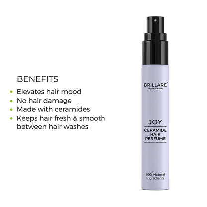 Brillare Professional Ceramide Hair Perfume Joy with the side text include benefits: elevates hair mood, no hair damage, made with ceramides, keeps hair fresh &amp; smooth between hair washes.