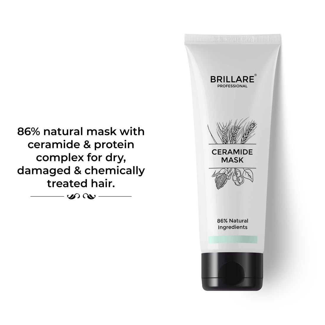 Brillare Professional Ceramide Mask with side text include: 86% natural mask with ceramide &amp; protein complex for dry, damaged &amp; chemically treated hair.