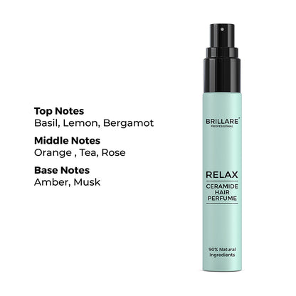 Brillare Professional Ceramide Hair Perfume Relax with the side text include: top notes basil, lemon, bergamot, middle notes orange, tea, rose, base notes amber, musk