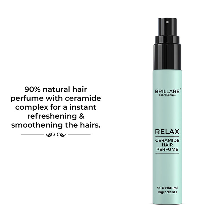 Brillare Professional Ceramide Hair Perfume Relax with the side text include: 90% natural hair perfume with ceramide complex for a instant refreshening &amp; smoothening the hairs.