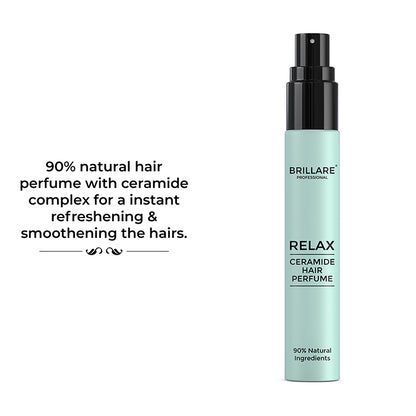 Brillare Professional Ceramide Hair Perfume Relax with the side text include: 90% natural hair perfume with ceramide complex for a instant refreshening &amp; smoothening the hairs.