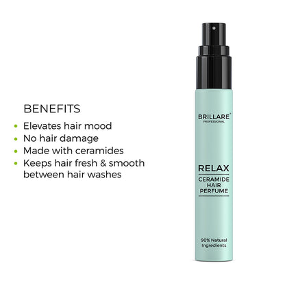 Brillare Professional Ceramide Hair Perfume Relax with the side text include benefits: elevates hair mood, no hair damage, made with ceramides, keeps hair fresh &amp; smooth between hair washes.