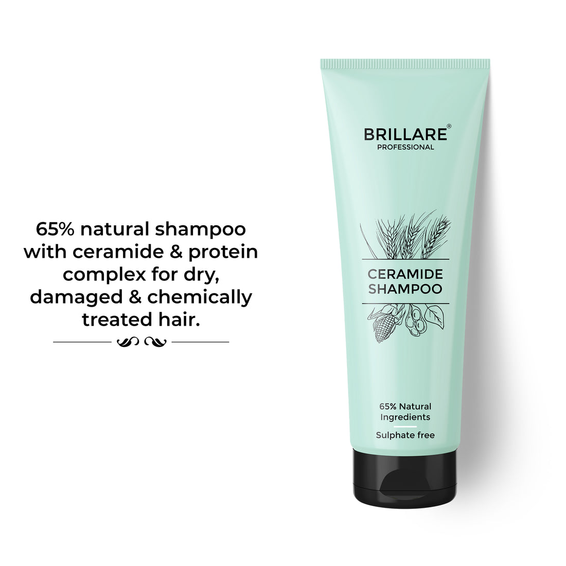 Brillare Professional Ceramide Shampoo with the text include: 65% natural shampoo with ceramide &amp; protein complex for dry, damaged &amp; clinically treated hair.