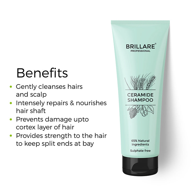 Brillare Professional Ceramide Shampoo with the text include benefits: cleans hair &amp; scalp, repairs &amp; nourishes hair shaft, prevents damage upto cortex layer of hair, provides strength to the hair to keep split ends at bay