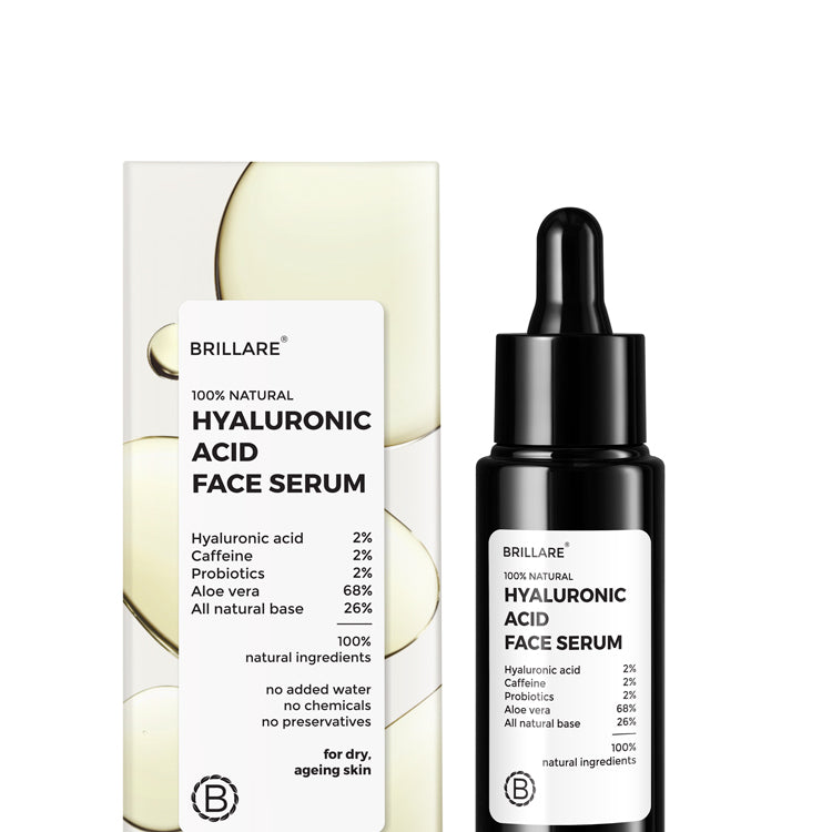 front view of Brillare Hyaluronic Acid Face Serum and its outer box. ingredients mentioned on the product label.