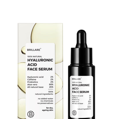 front view of Brillare Hyaluronic Acid Face Serum and its outer box. ingredients mentioned on the product label.