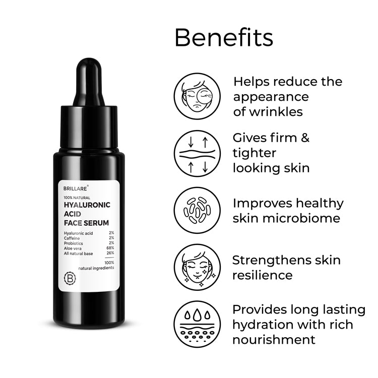 Brillare Hyaluronic Acid Face Serum and side text include benefits: helps reduce the appearance of wrinkles, gives firm &amp; tighter looking skin, improves healthy skin microbiome, strengthens skin resilience, provides long lasting hydration with rich nourishment.