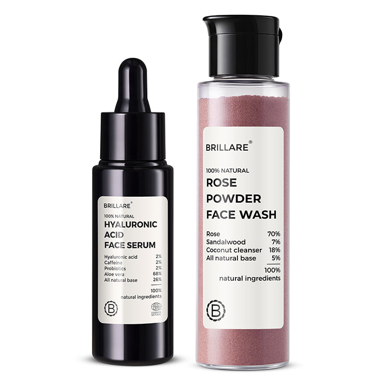 front view of Brillare Hyaluronic Acid Face Serum &amp; Brillare Rose Powder Face Wash against white background.