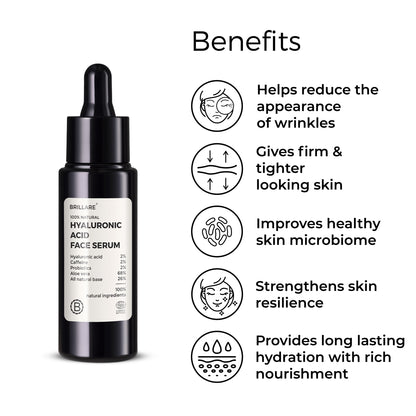 Brillare Hyaluronic Acid Face Serum and side text include benefits: helps reduce the appearance of wrinkles, gives firm &amp; tighter looking skin, improves healthy skin microbiome, strengthens skin resilience, provides long lasting hydration with rich nourishment.