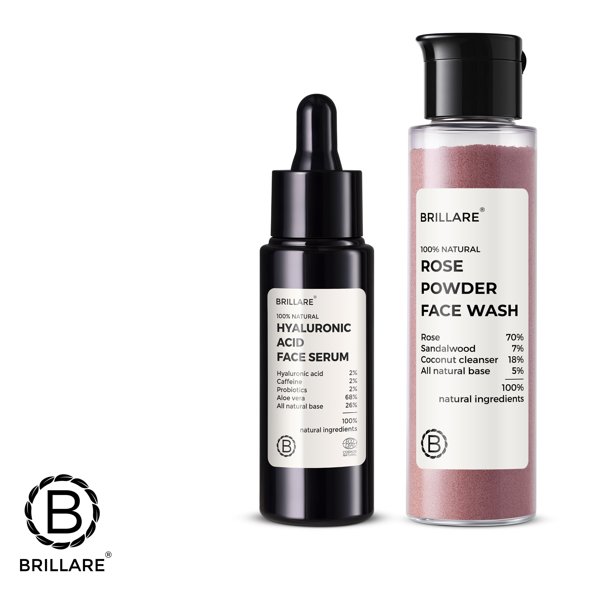 Brillare Hyaluronic Acid Face Serum and Brillare Rose Powder Face Wash with Brillare logo