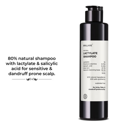 Brillare Lactylate Shampoo, Text beside the bottle include: 80% natural shampoo with lactylate &amp; salicylic acid for sensitive &amp; dandruff prone scalp. 