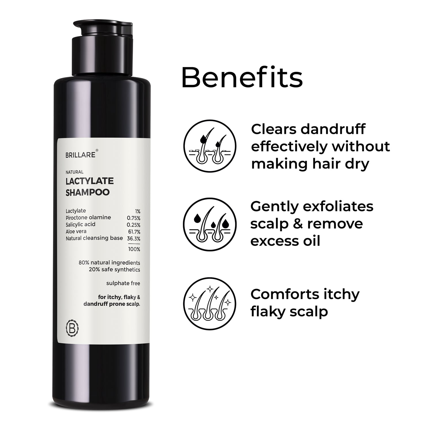 Brillare Lactylate Shampoo bottle besides the text include benefits: clears dandruff effectively without making hair dry, gently exfoliates scalp &amp; remove excess oil. 