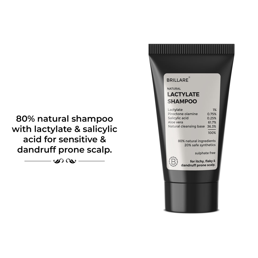 Brillare Mini Lactylate Shampoo, Text beside the bottle include: 80% natural shampoo with lactylate &amp; salicylic acid for sensitive &amp; dandruff prone scalp. 