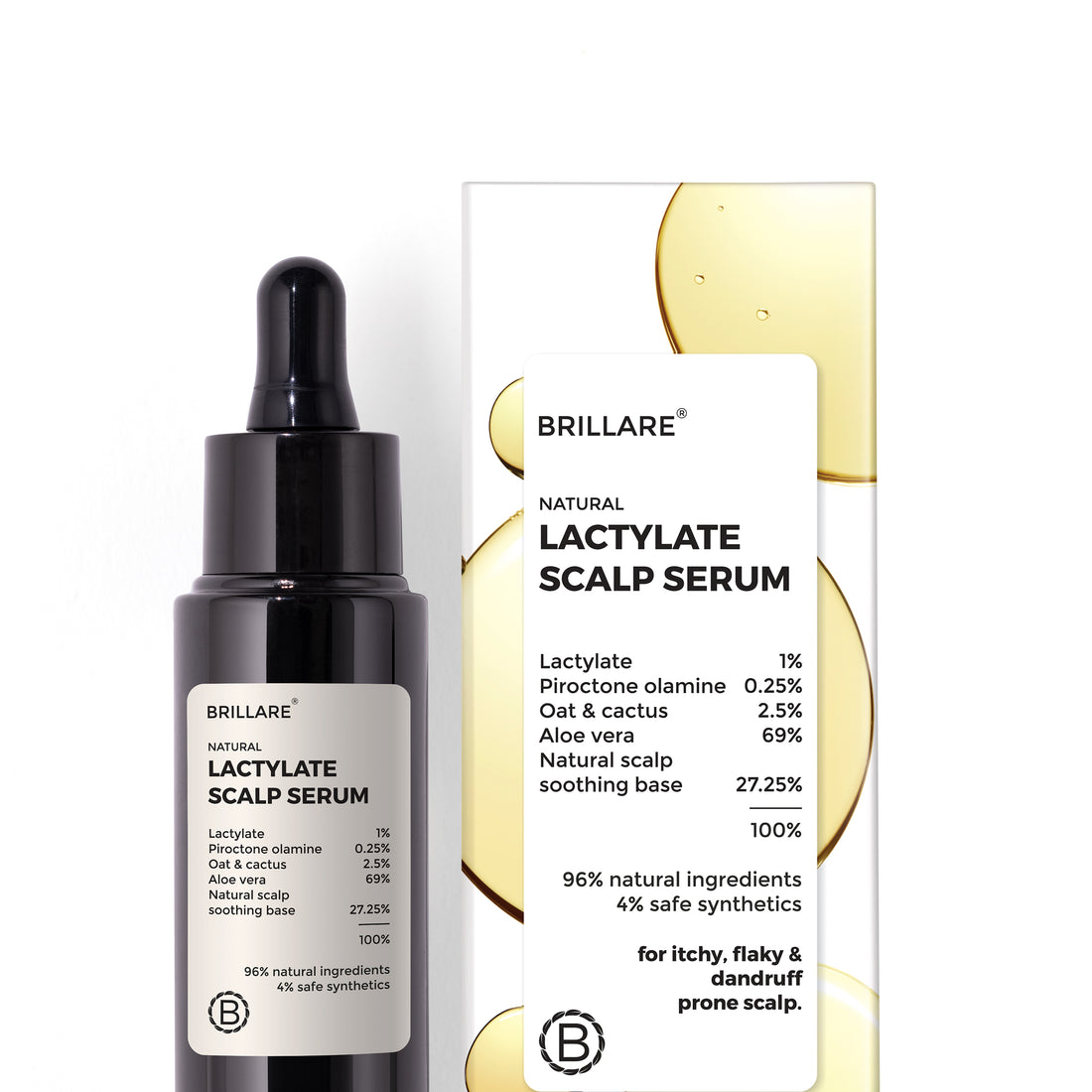 front view of Brillare Lactylate Scalp Serum with its outer box against white background.