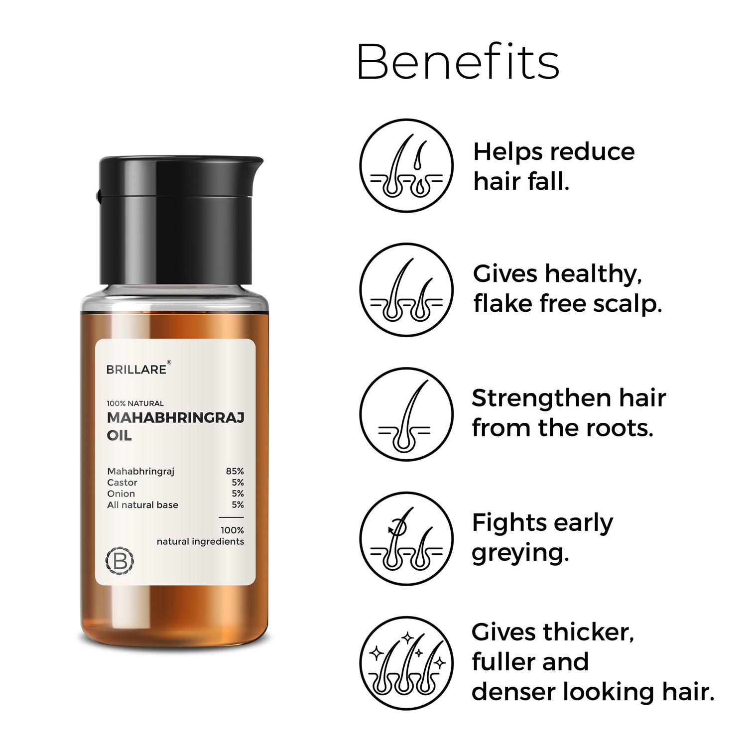 Brillare Mahabhringraj Oil with side text include benefits: helps reduce hair fall, gives healthy flake scalp, strengthen hair from the roots, fights early greying, gives thicker fuller and denser looking hair. 