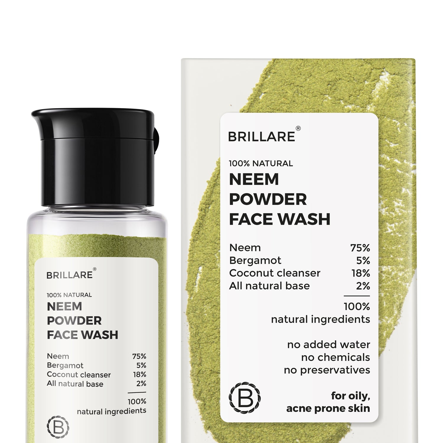 front view of Brillare Neem Powder Face wash and its outer box, ingredients mentioned on the product label.