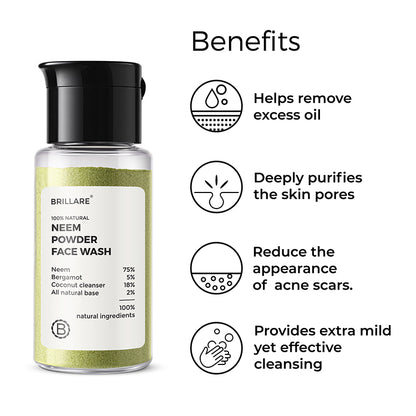 Brillare Neem Powder Face wash side text include benefits: helps remove excess oil, deeply purifies the skin pores, reduces the appearance of the scars, provides extra mild yet effective cleansing.