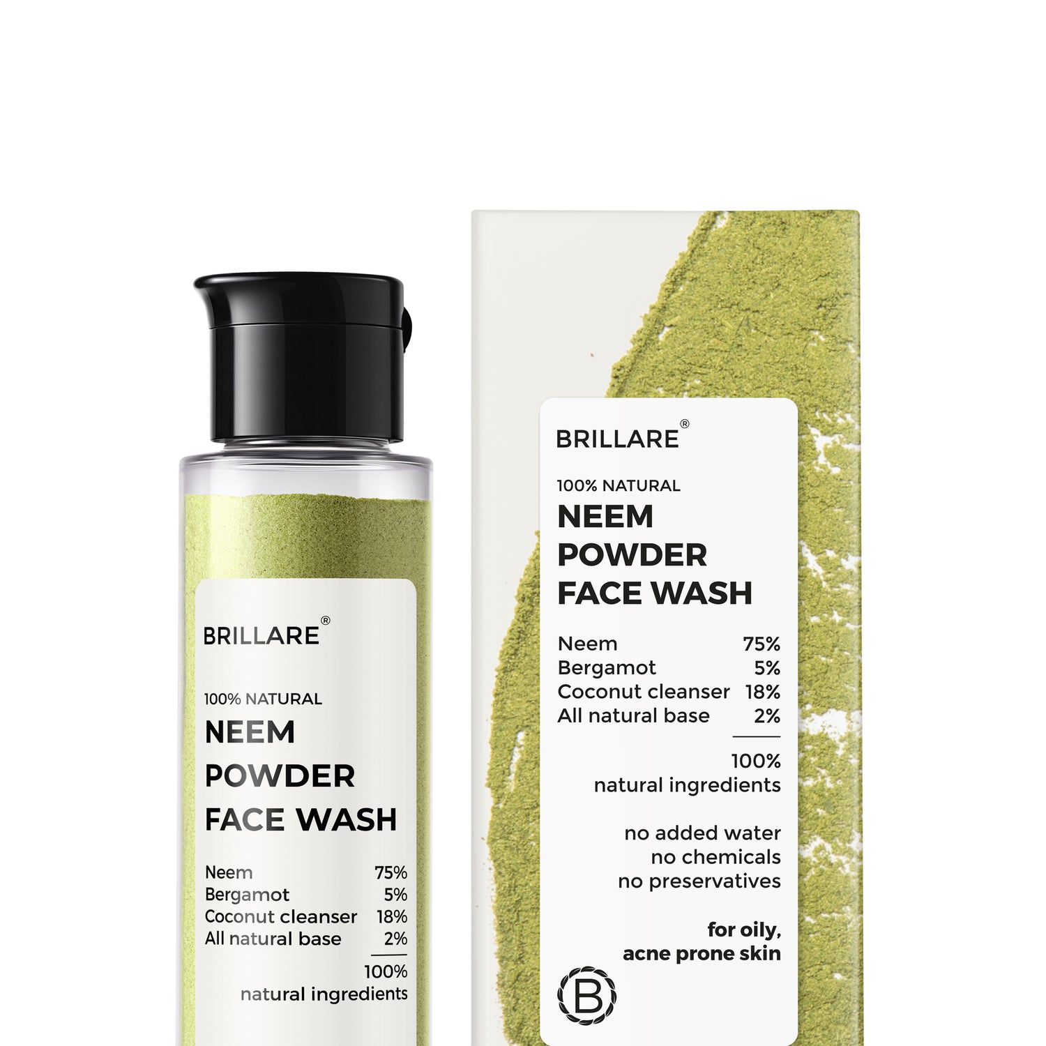 front view of Brillare Neem Powder Face wash and its outer box, ingredients mentioned on the product label.